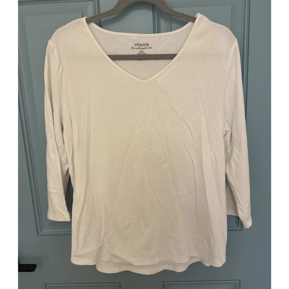 Chicos Plus Women's The Ultimate Tee Shirt Stretch White 3/4 Sleeve VNeck 3 Tall